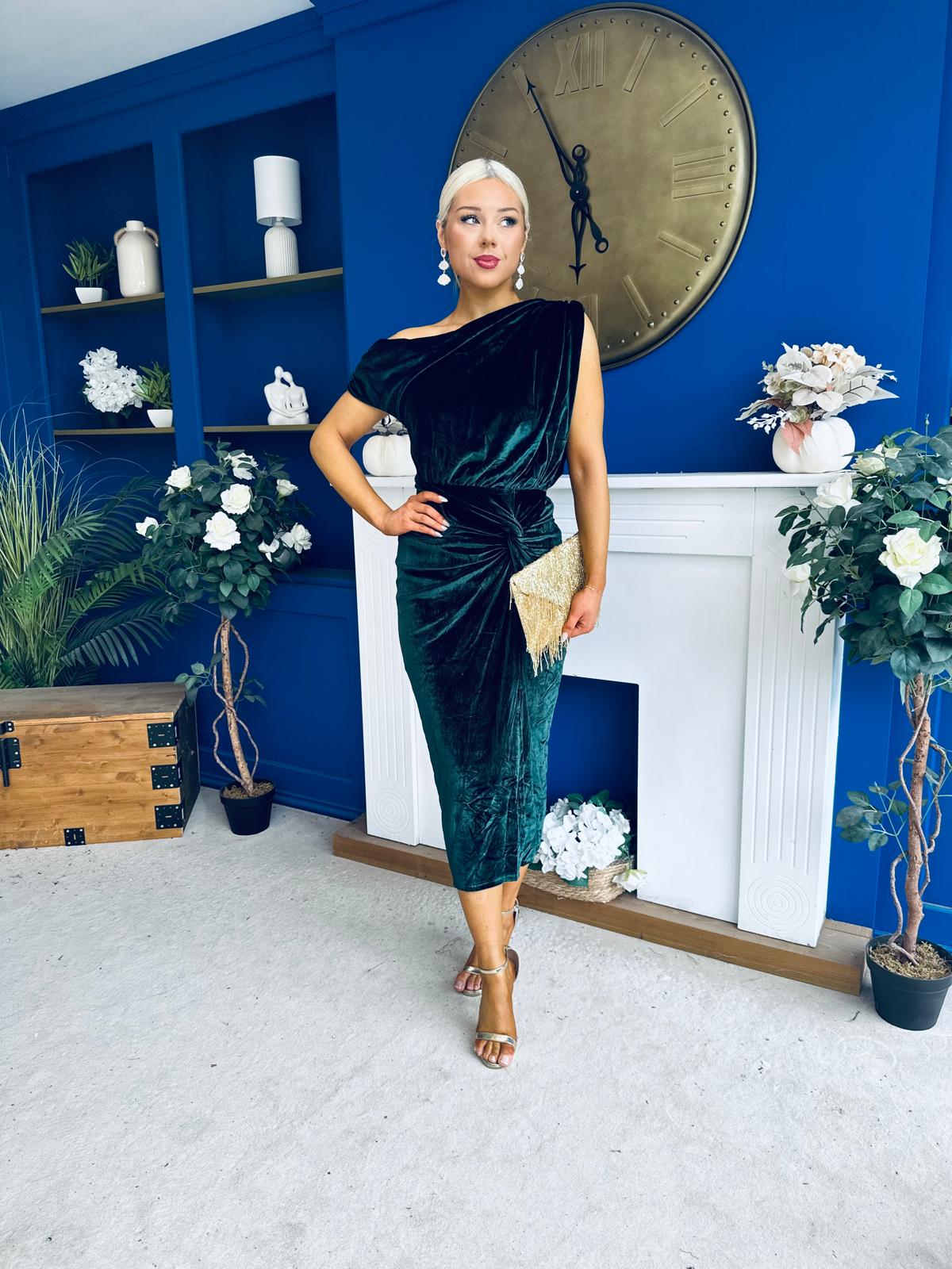 Fiona Velvet Off The Shoulder Knot Midi Dress Forest