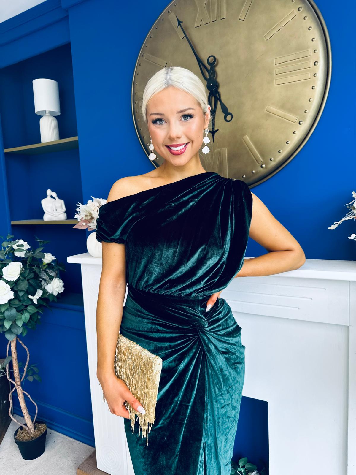 Fiona Velvet Off The Shoulder Knot Midi Dress Forest