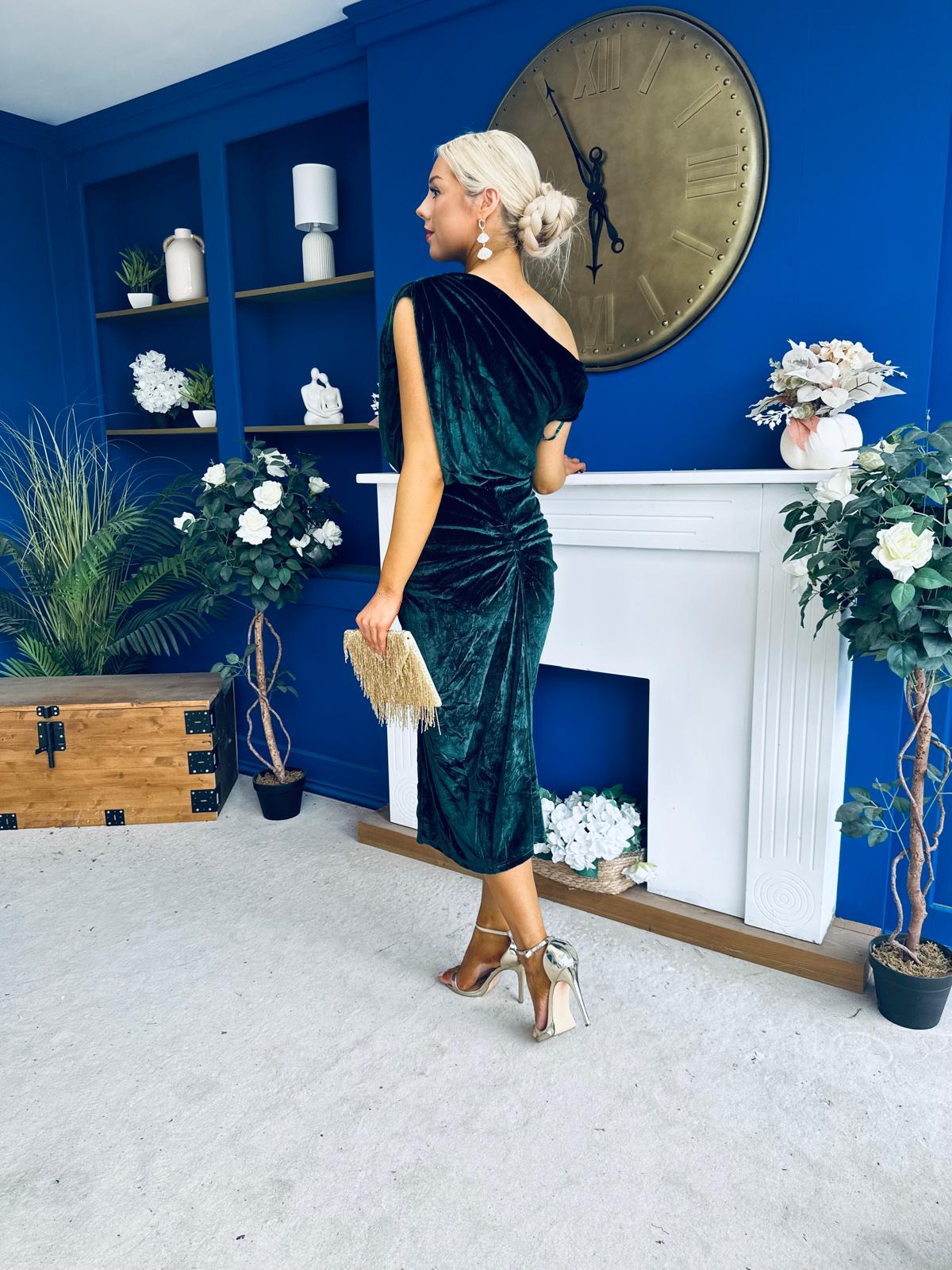 Fiona Velvet Off The Shoulder Knot Midi Dress Forest