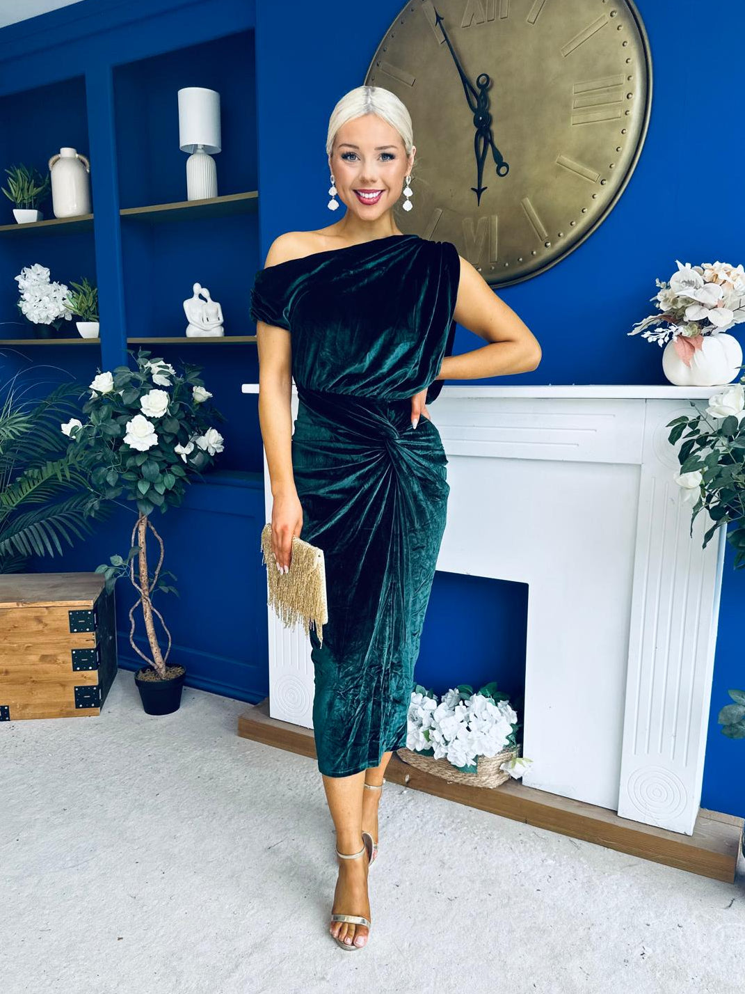 Fiona Velvet Off The Shoulder Knot Midi Dress Forest
