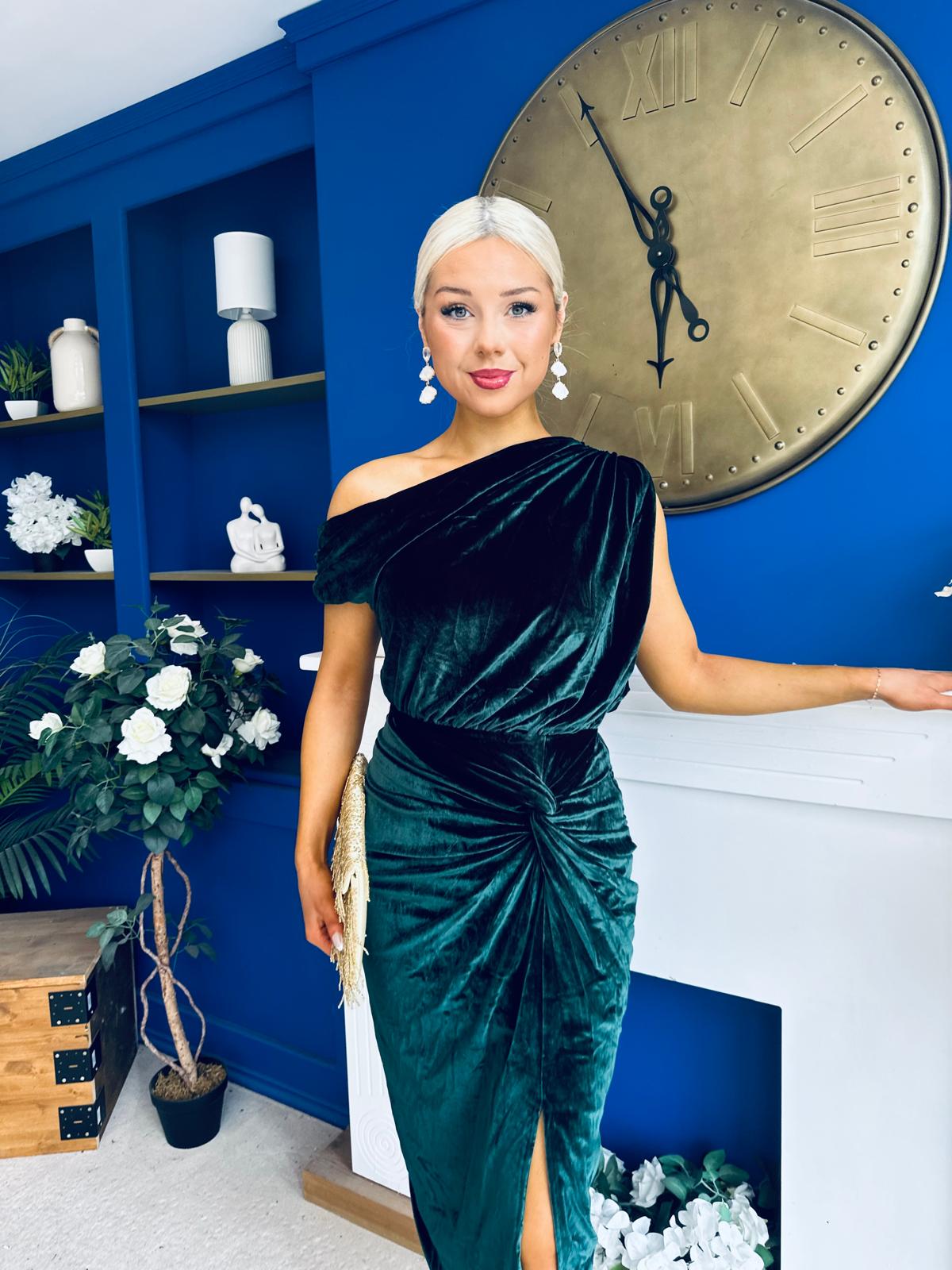 Fiona Velvet Off The Shoulder Knot Midi Dress Forest