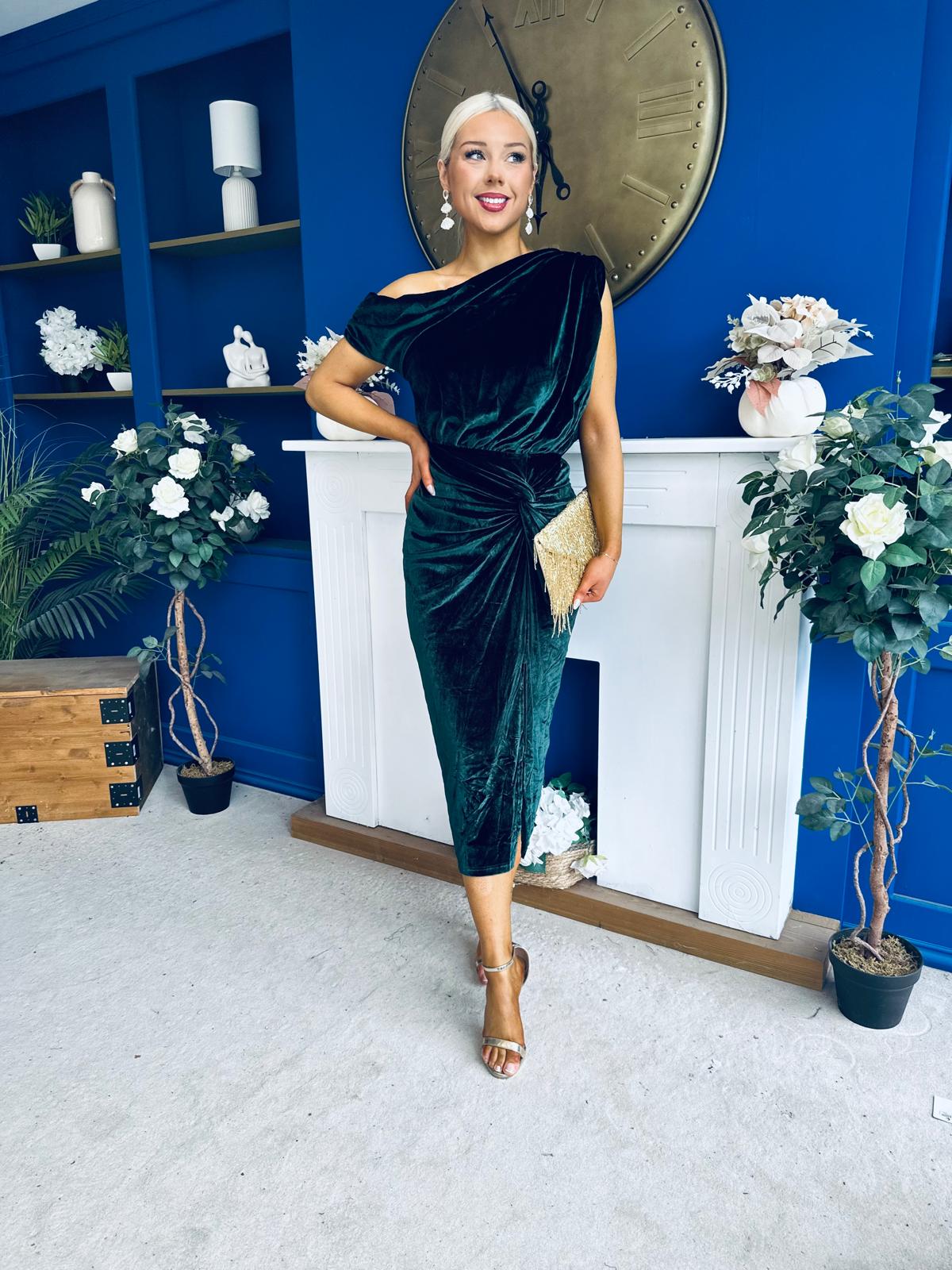 Fiona Velvet Off The Shoulder Knot Midi Dress Forest