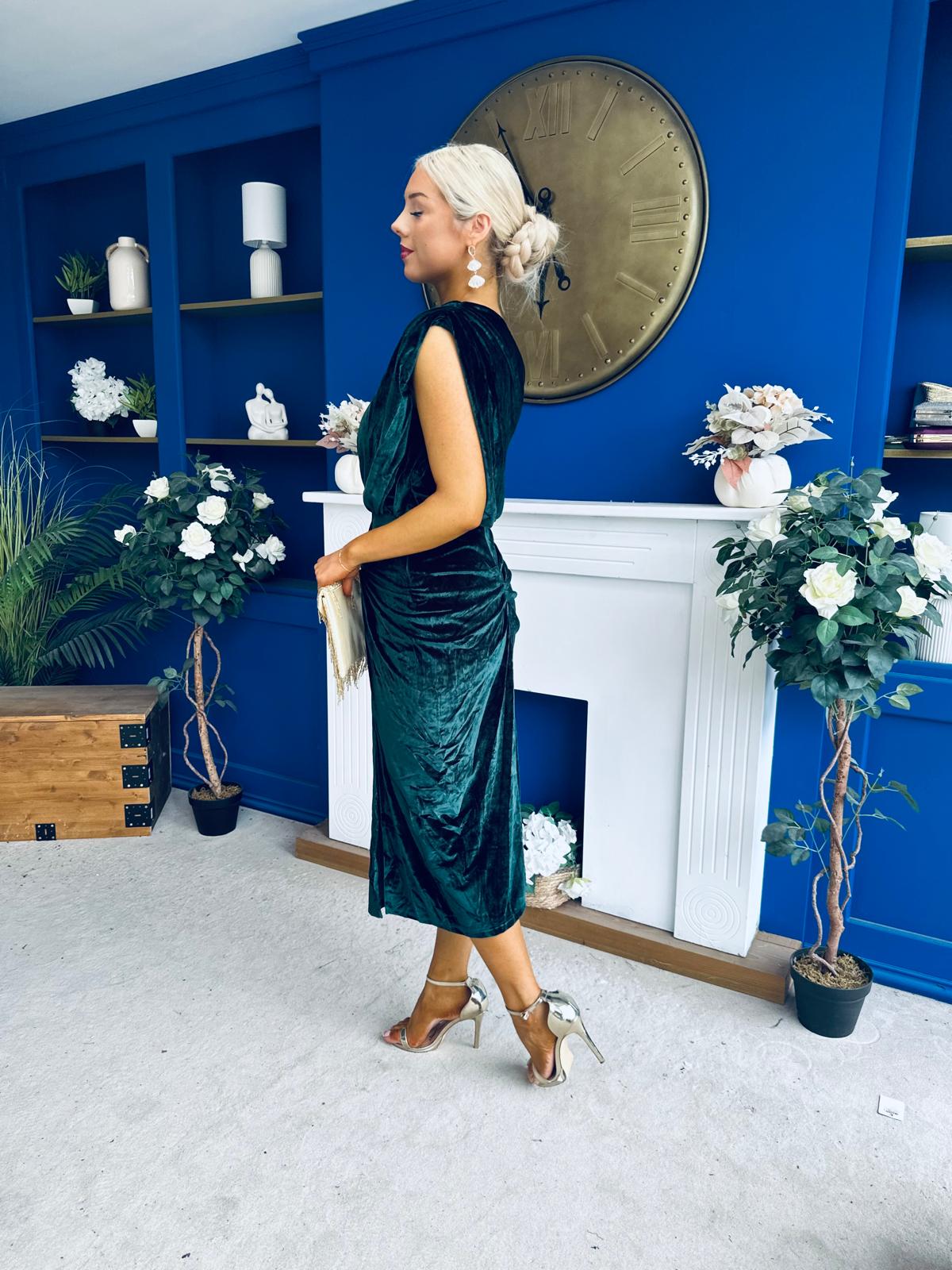 Fiona Velvet Off The Shoulder Knot Midi Dress Forest