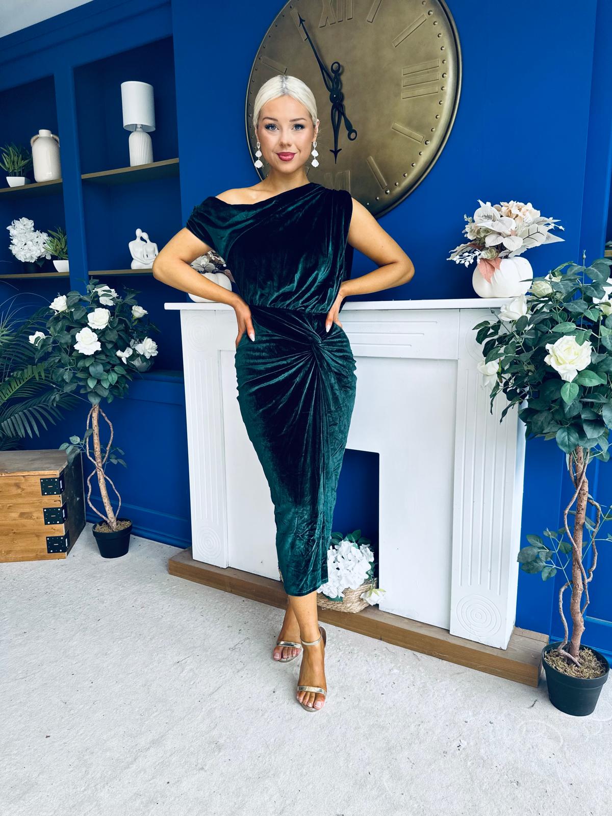 Fiona Velvet Off The Shoulder Knot Midi Dress Forest