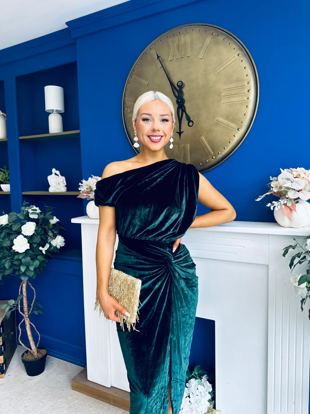 Fiona Velvet Off The Shoulder Knot Midi Dress Forest