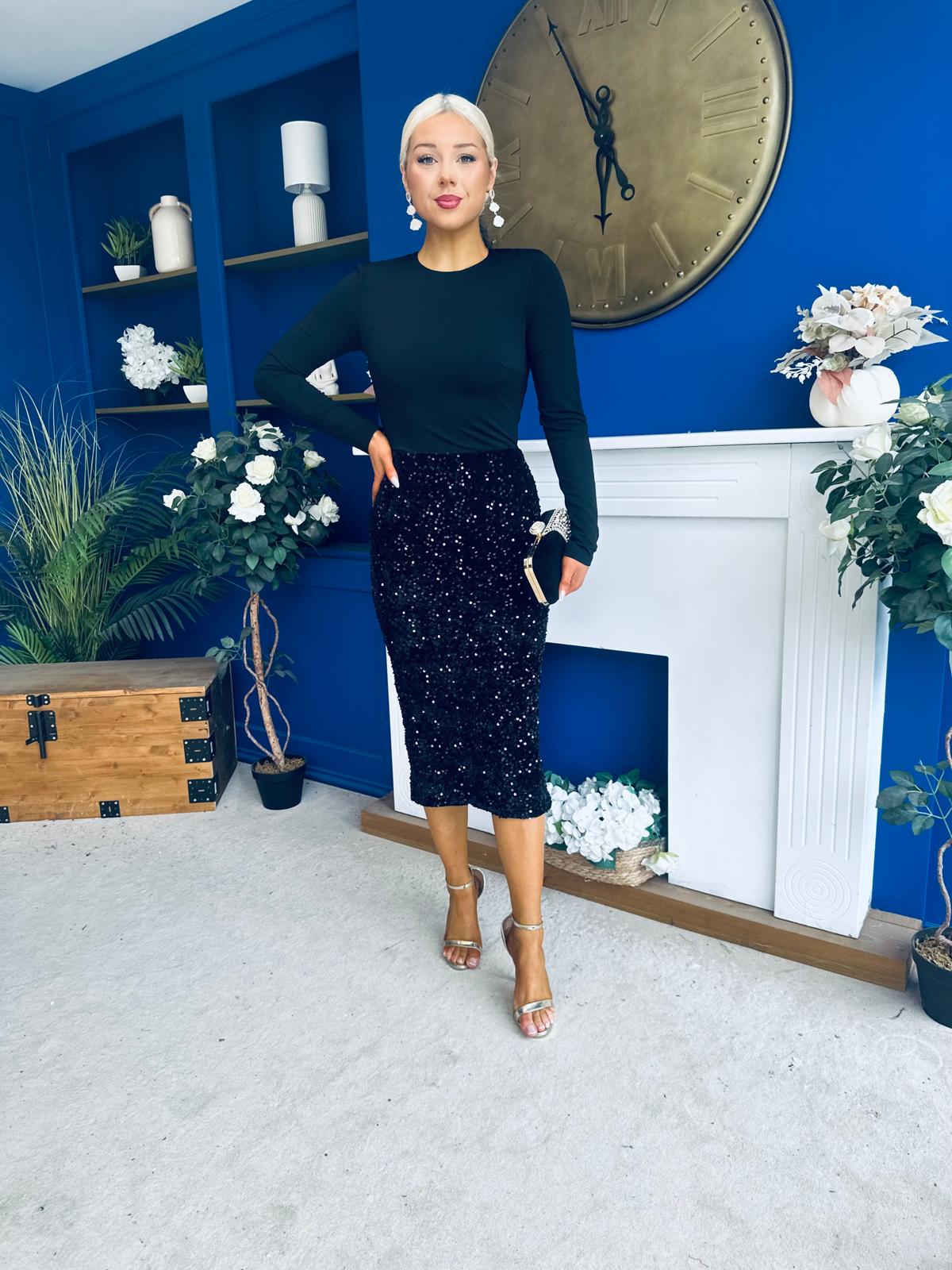 Kelsey Velvet Sequin 2 in 1 Long Sleeve Midi Dress Black