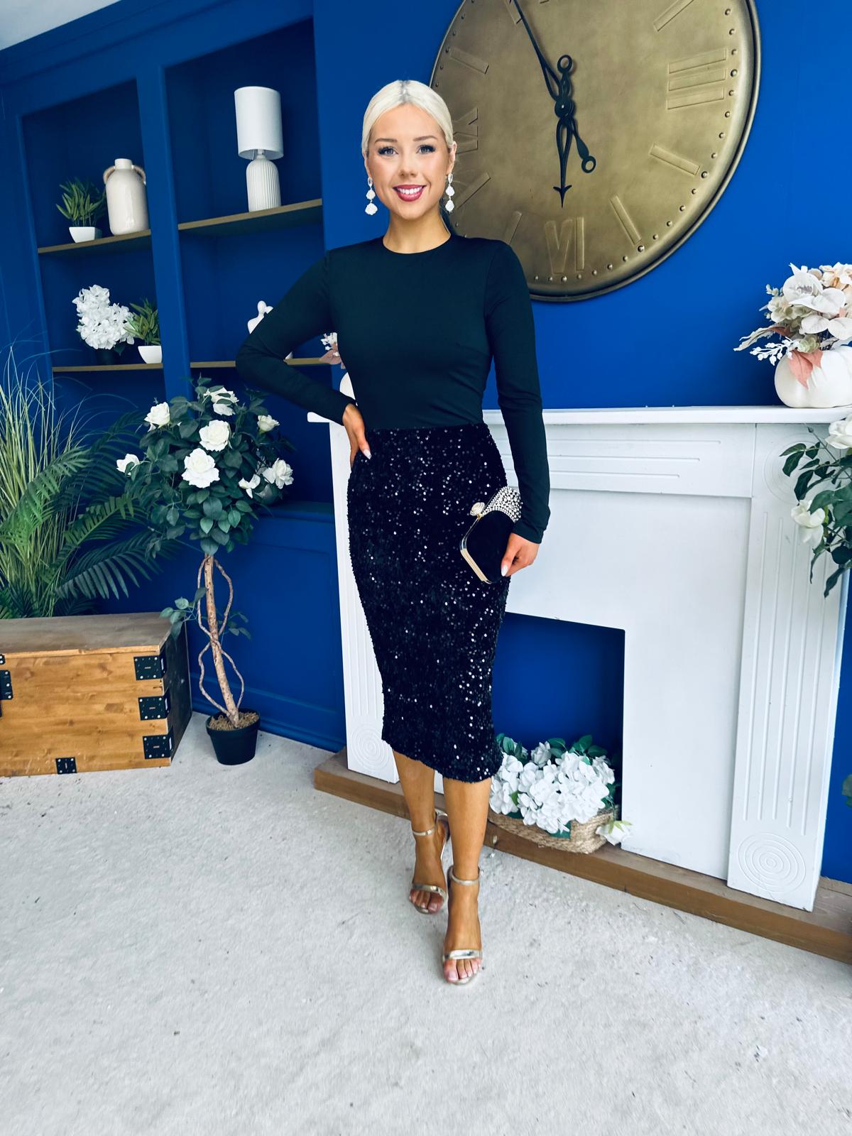 Kelsey Velvet Sequin 2 in 1 Long Sleeve Midi Dress Black