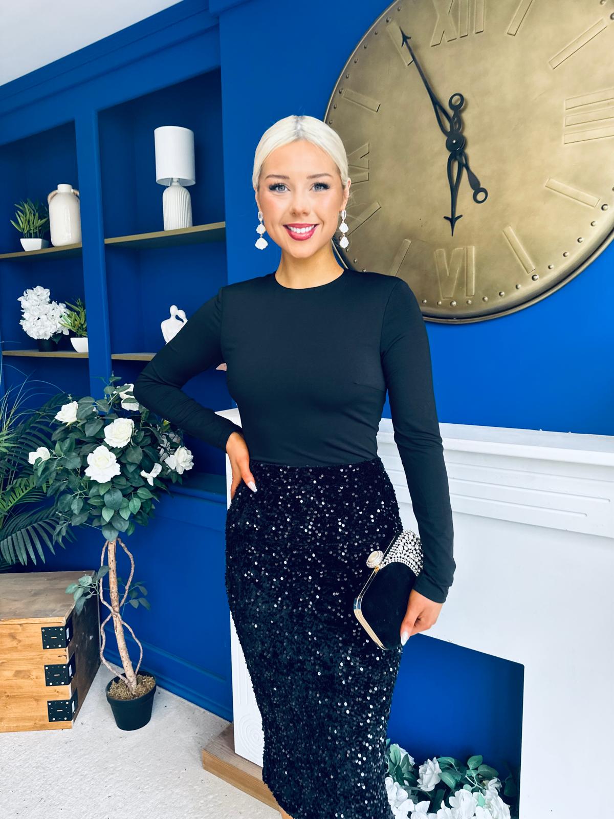 Kelsey Velvet Sequin 2 in 1 Long Sleeve Midi Dress Black