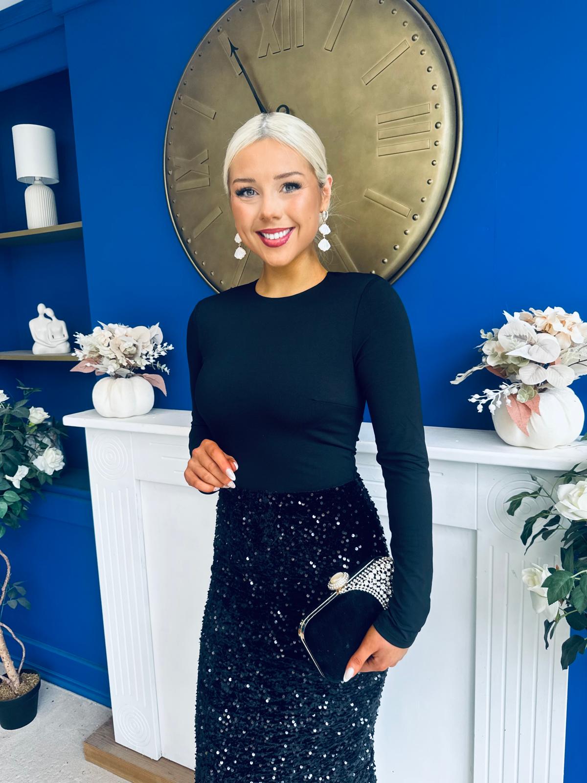 Kelsey Velvet Sequin 2 in 1 Long Sleeve Midi Dress Black