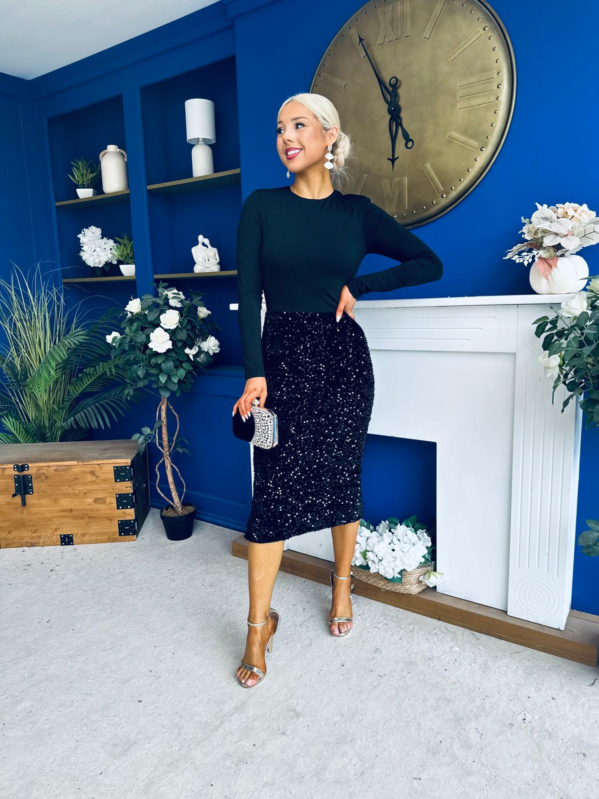 Kelsey Velvet Sequin 2 in 1 Long Sleeve Midi Dress Black