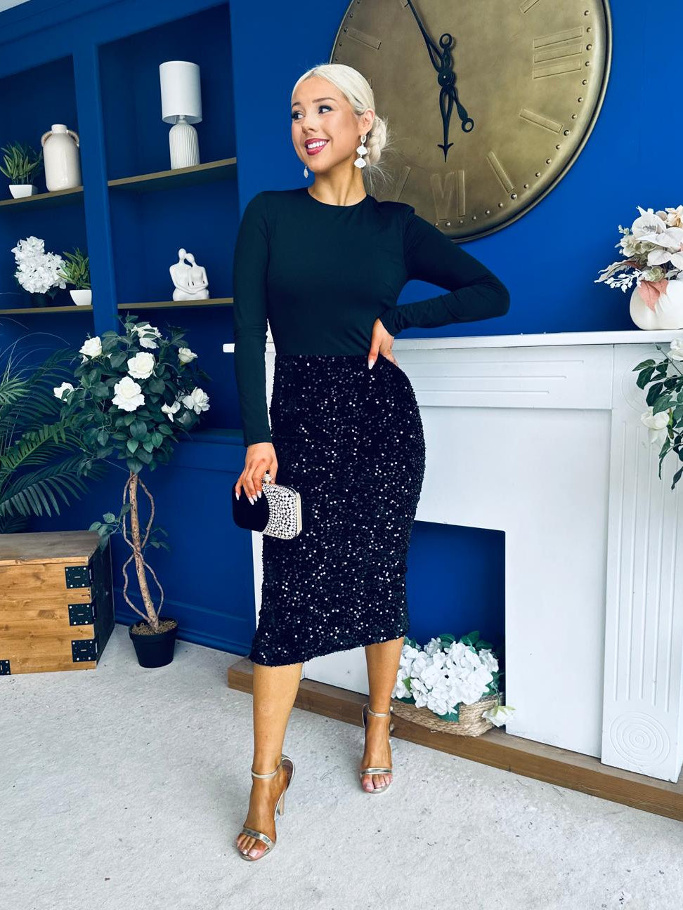 Kelsey Velvet Sequin 2 in 1 Long Sleeve Midi Dress Black
