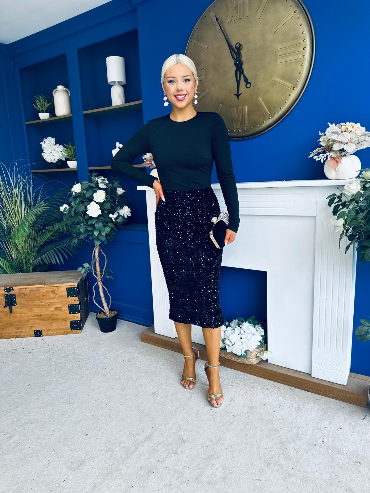 Kelsey Velvet Sequin 2 in 1 Long Sleeve Midi Dress Black