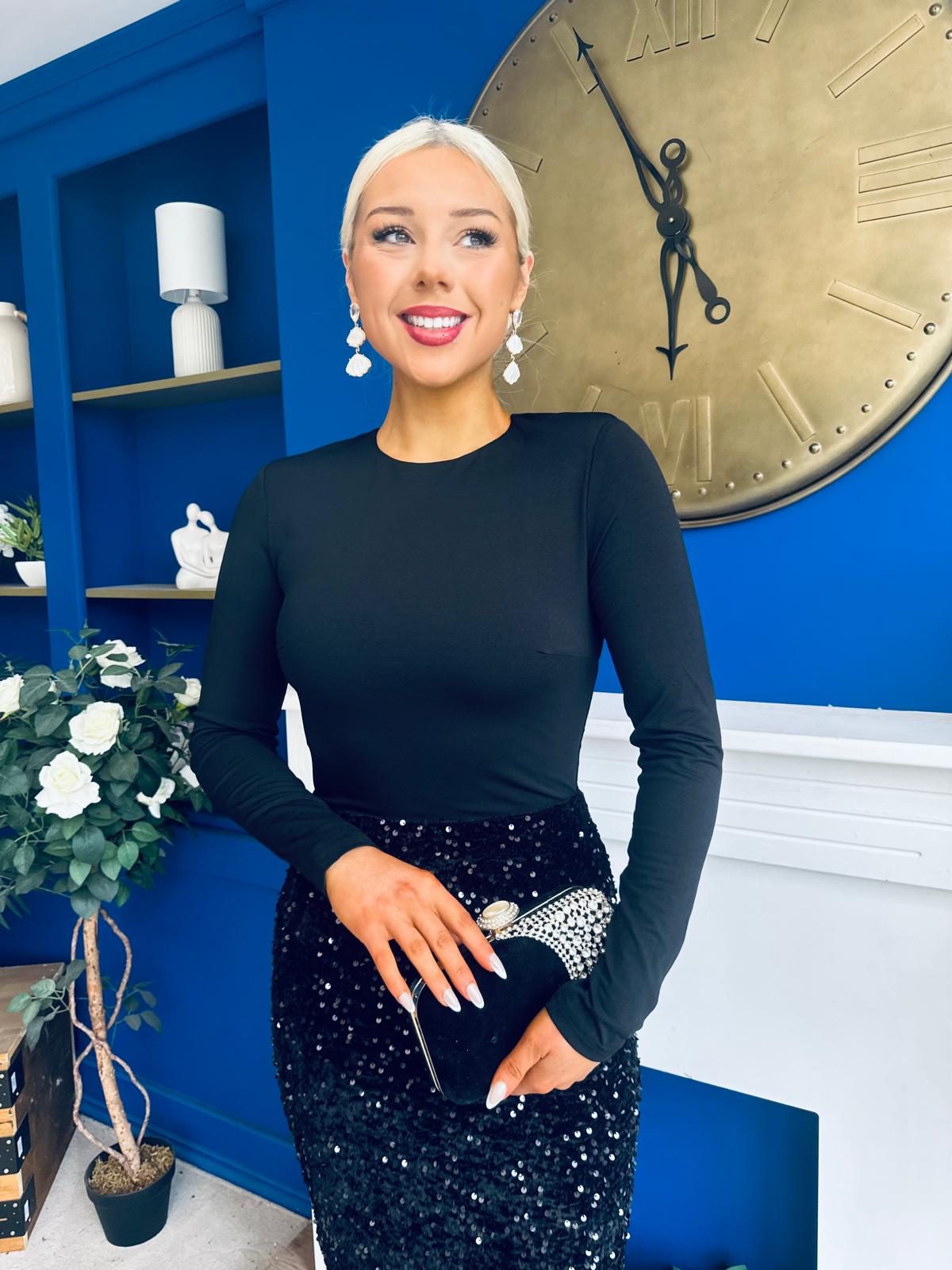 Kelsey Velvet Sequin 2 in 1 Long Sleeve Midi Dress Black