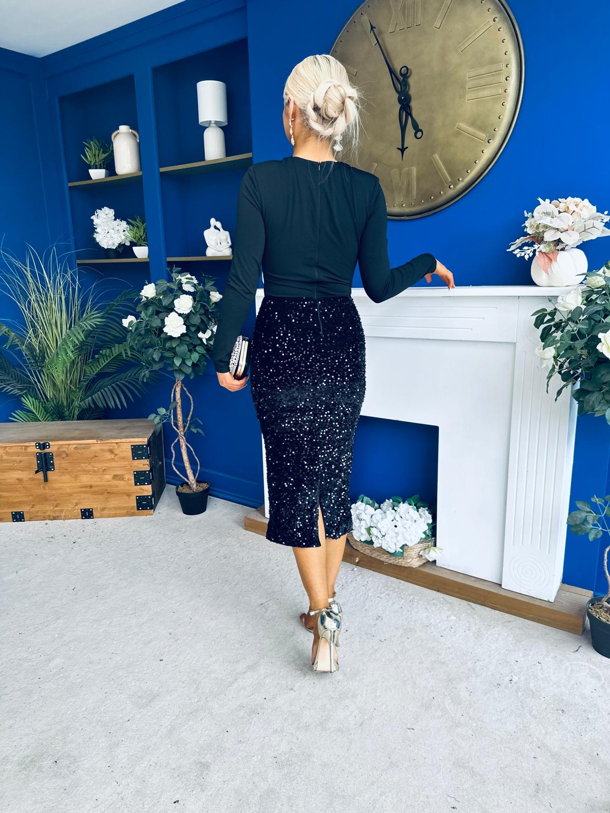 Kelsey Velvet Sequin 2 in 1 Long Sleeve Midi Dress Black
