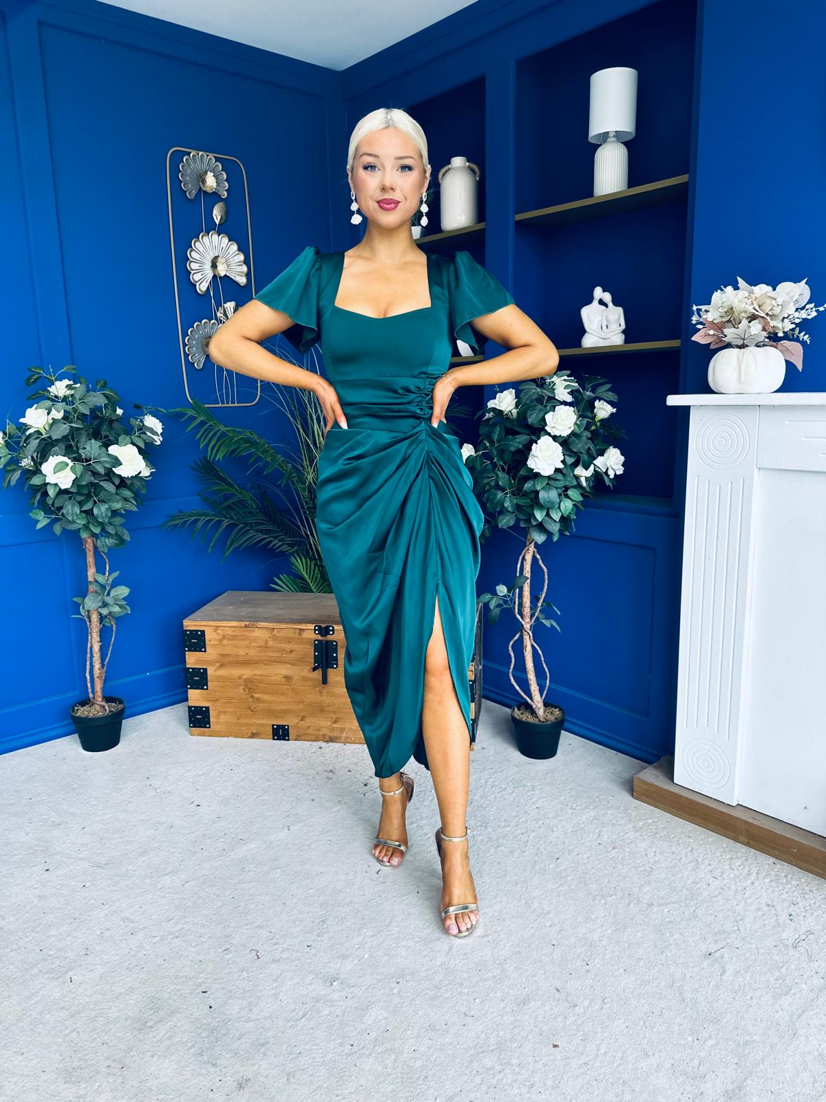 Laura Flutter Sleeve Gathered Midi Dress Green