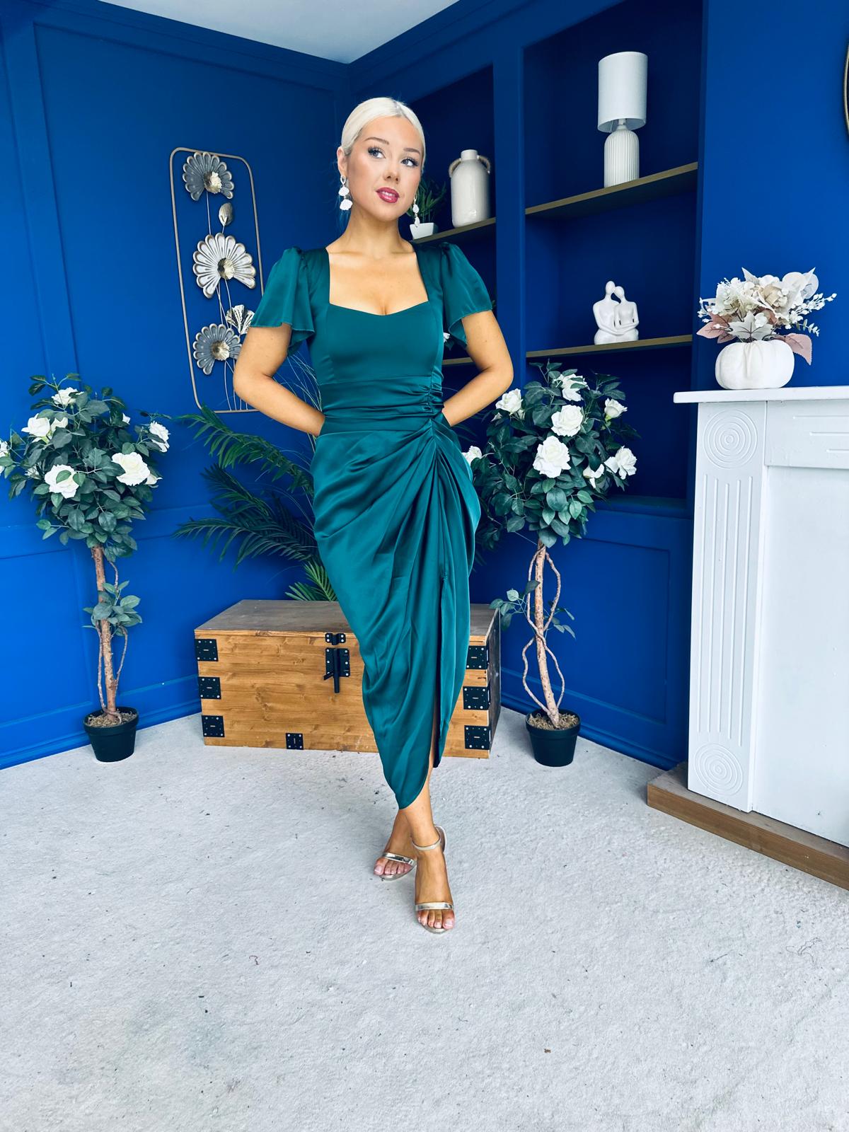 Laura Flutter Sleeve Gathered Midi Dress Green