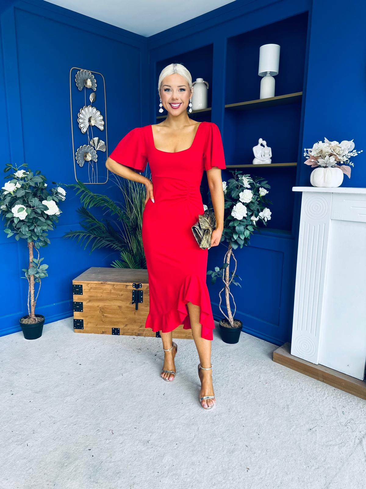 Darcie Flaired Sleeve Frill Midi Dress Red