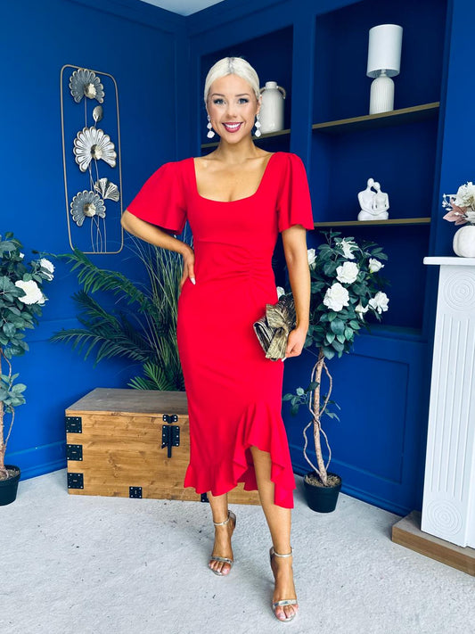 Darcie Flaired Sleeve Frill Midi Dress Red