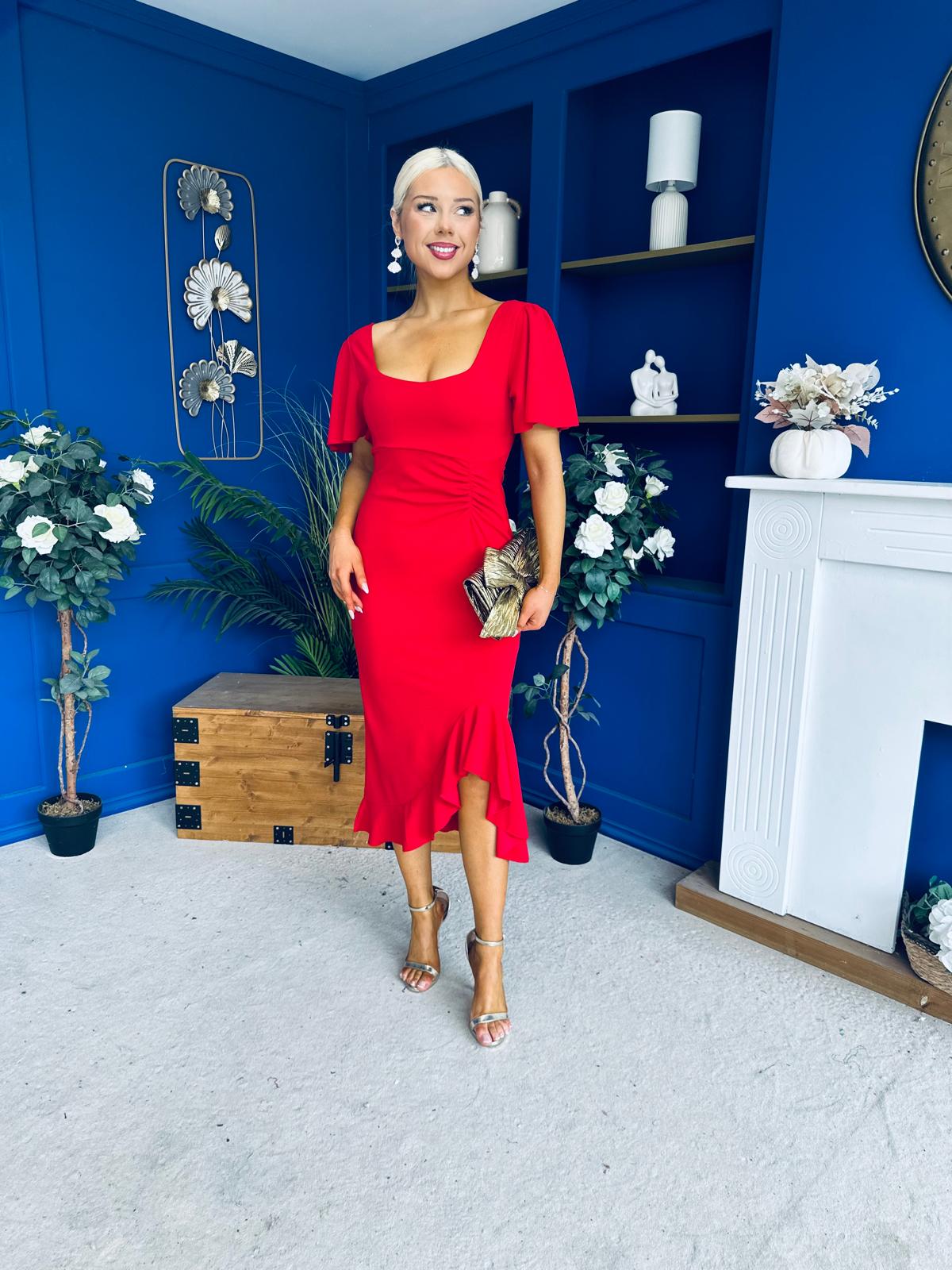 Darcie Flaired Sleeve Frill Midi Dress Red
