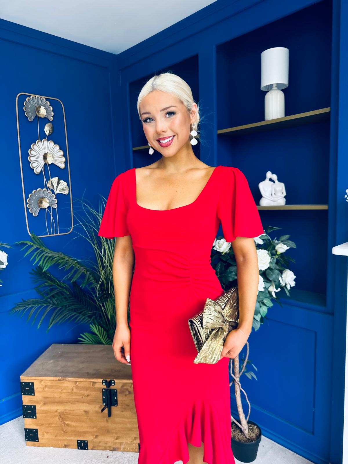 Darcie Flaired Sleeve Frill Midi Dress Red