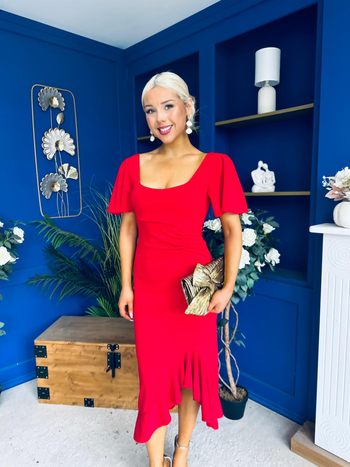 Darcie Flaired Sleeve Frill Midi Dress Red