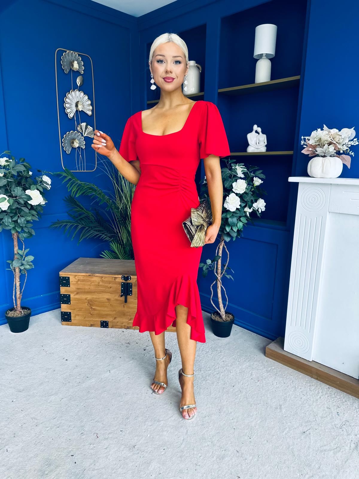 Darcie Flaired Sleeve Frill Midi Dress Red