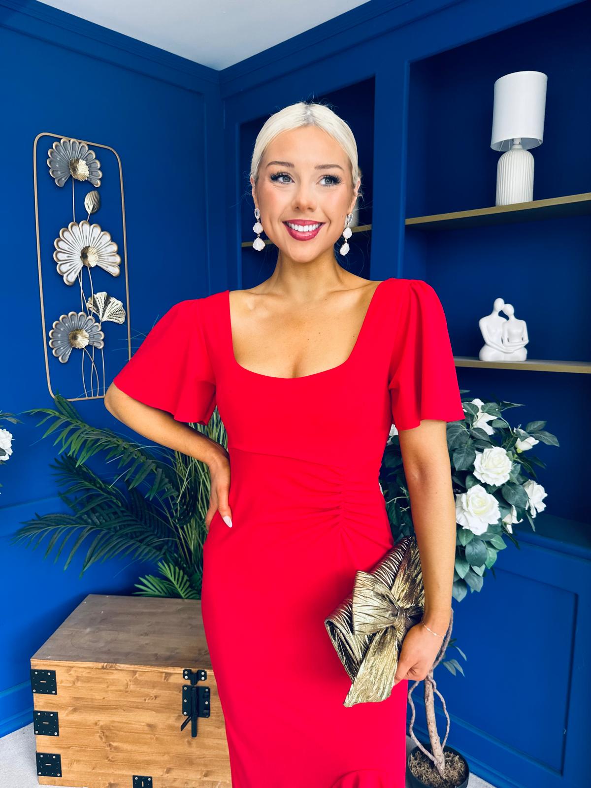 Darcie Flaired Sleeve Frill Midi Dress Red