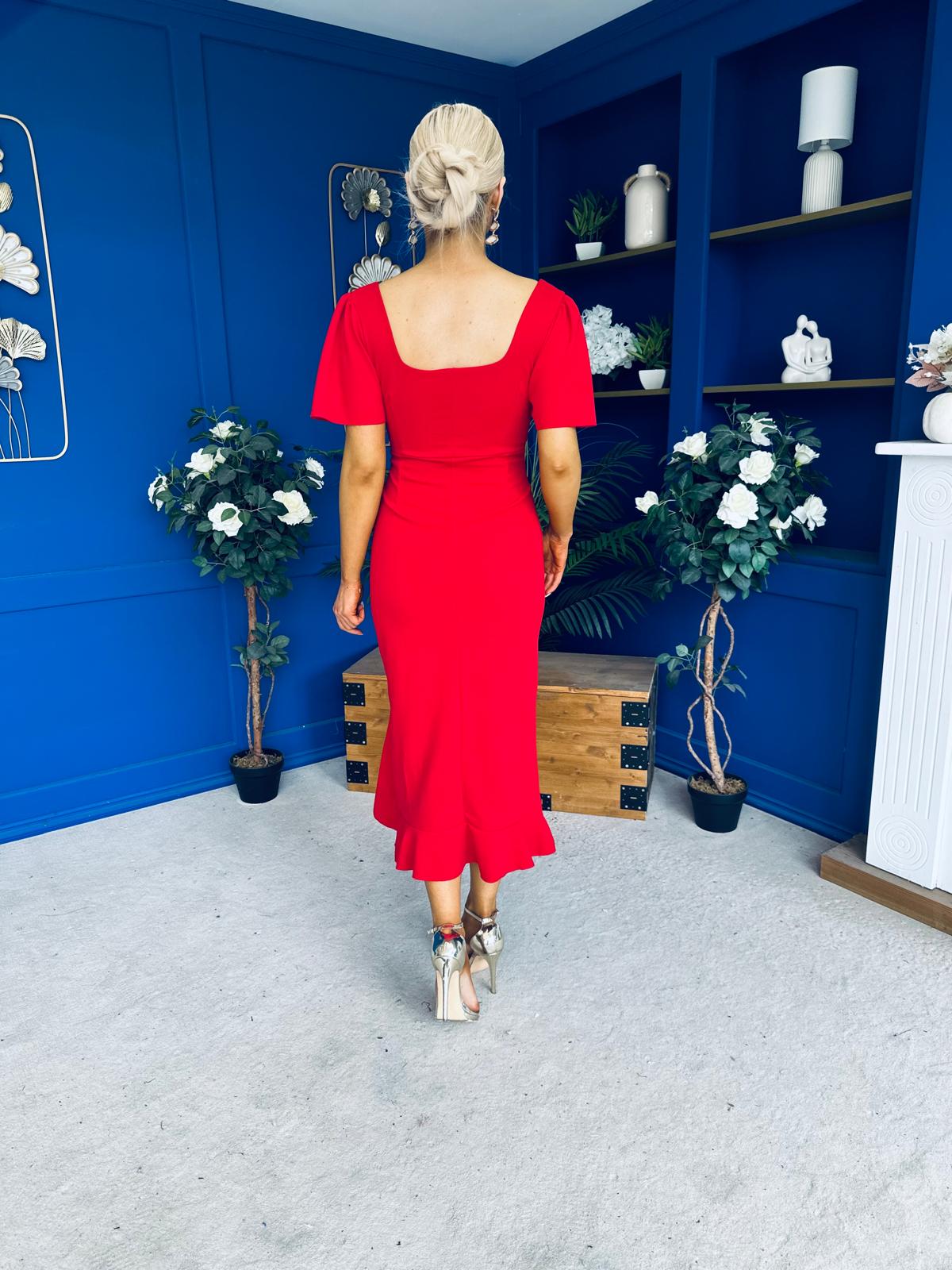 Darcie Flaired Sleeve Frill Midi Dress Red