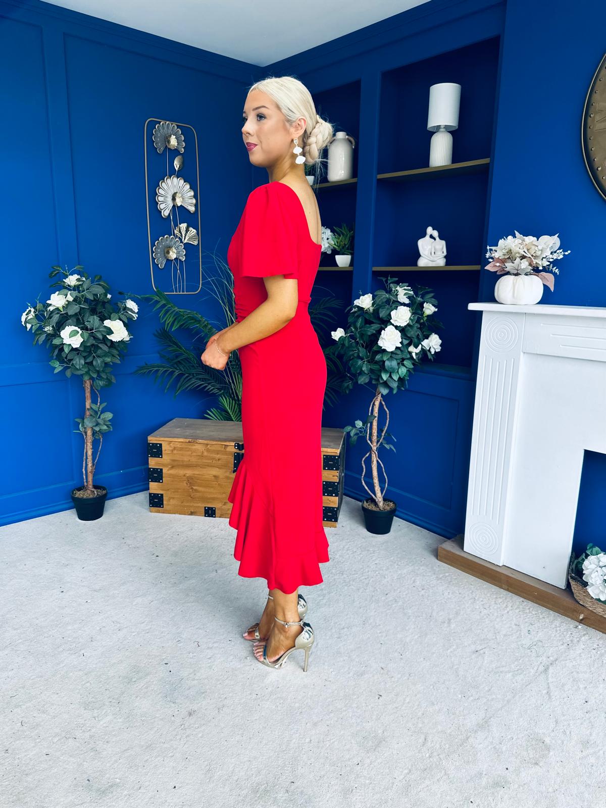 Darcie Flaired Sleeve Frill Midi Dress Red
