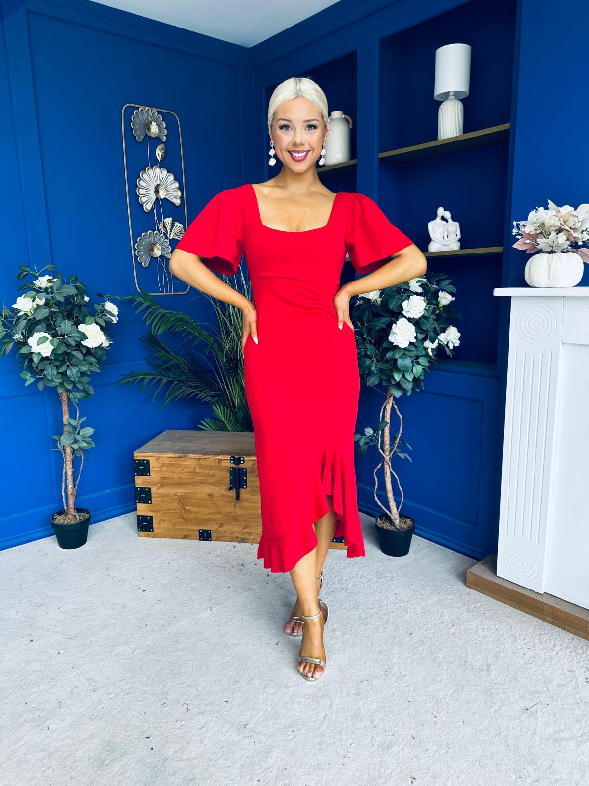 Darcie Flaired Sleeve Frill Midi Dress Red