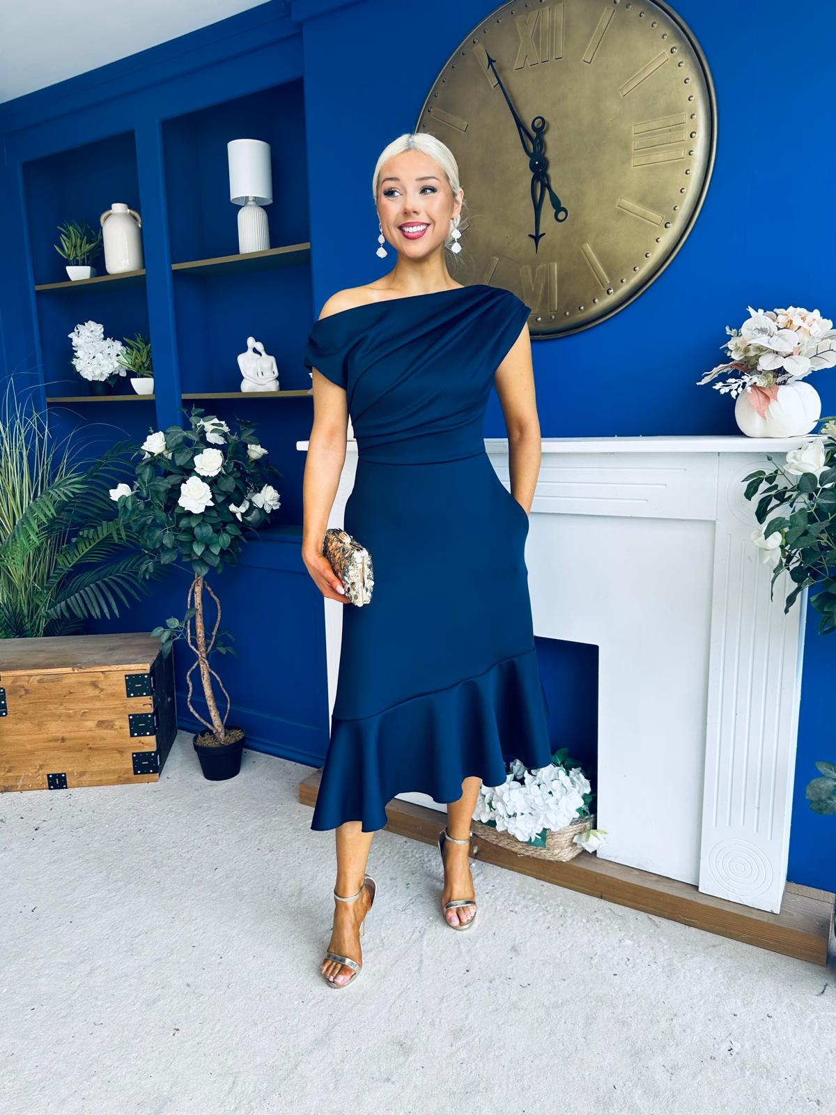 Felicity Asymmetric Frill Hem Midi Dress Navy