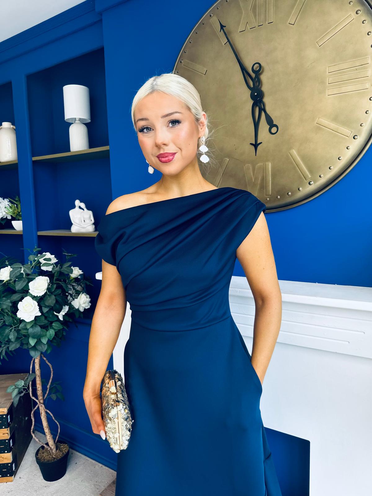 Felicity Asymmetric Frill Hem Midi Dress Navy