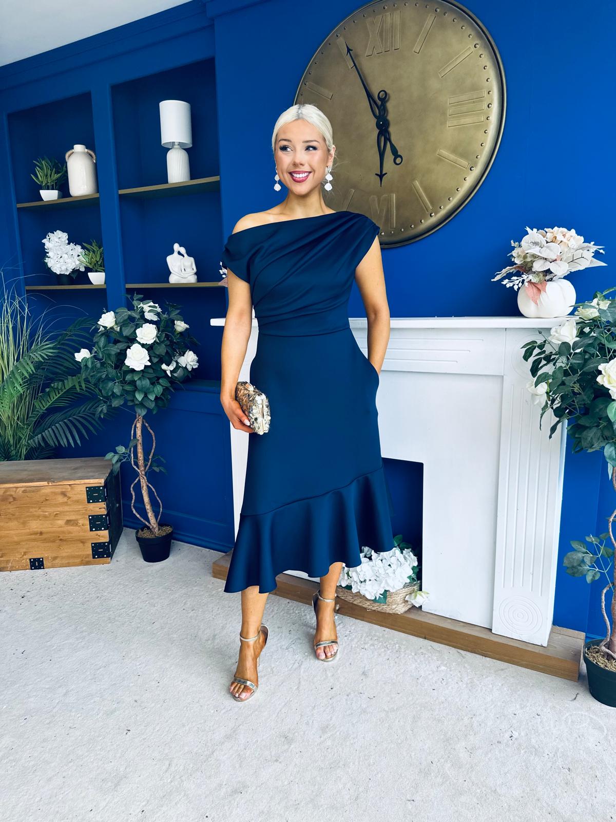 Felicity Asymmetric Frill Hem Midi Dress Navy