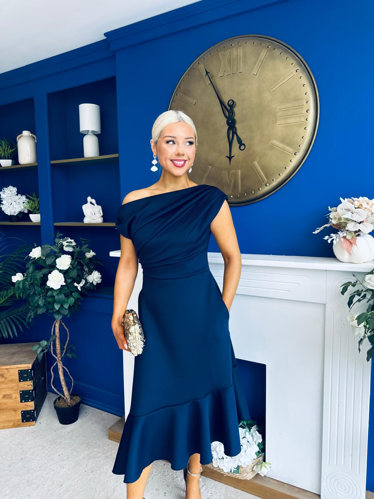 Felicity Asymmetric Frill Hem Midi Dress Navy