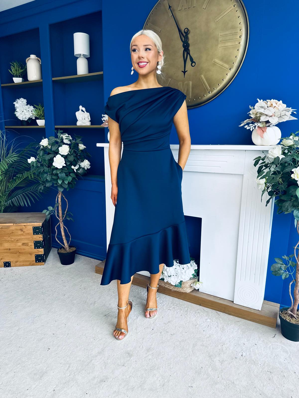 Felicity Asymmetric Frill Hem Midi Dress Navy