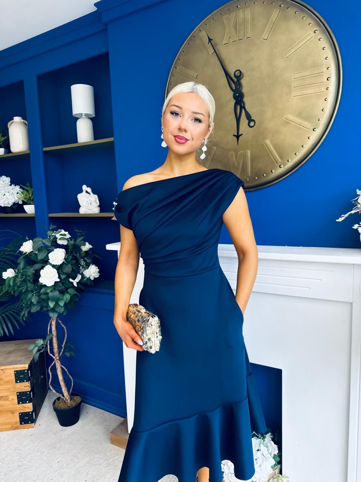 Felicity Asymmetric Frill Hem Midi Dress Navy