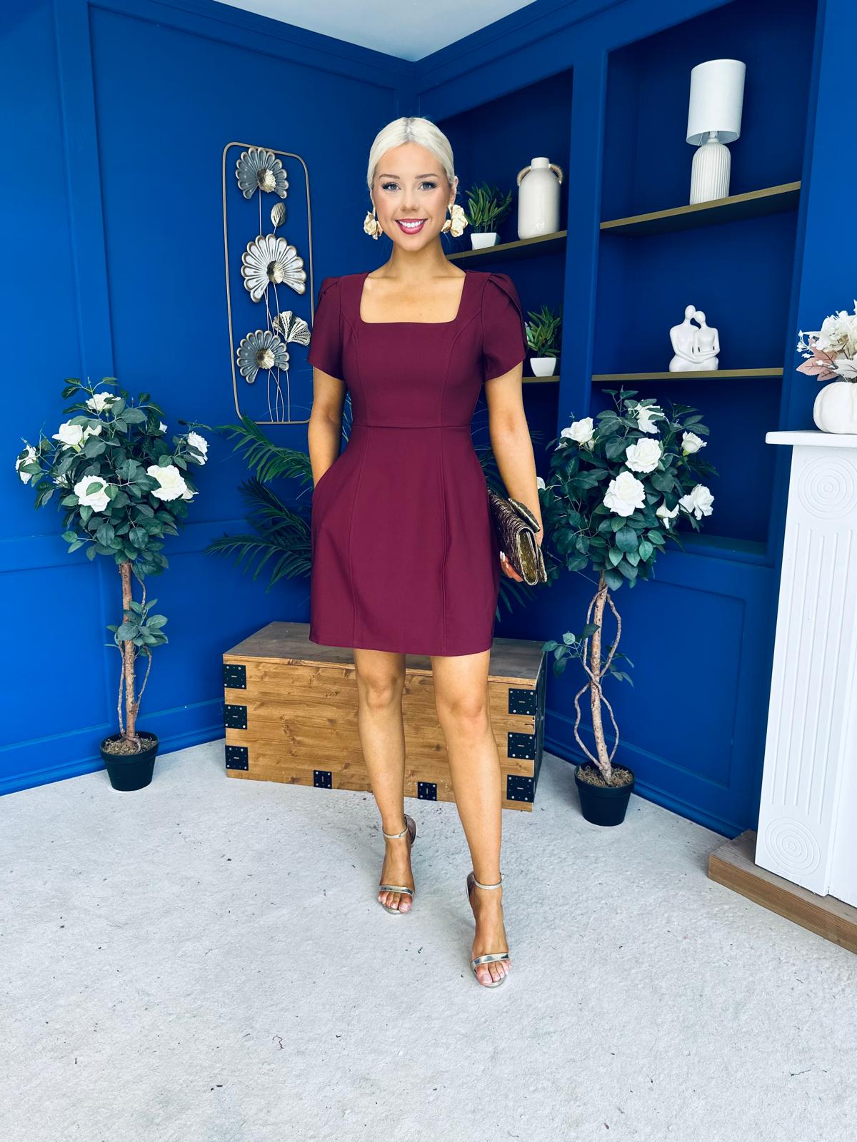 Reeve Square Neck Mini Dress Burgundy