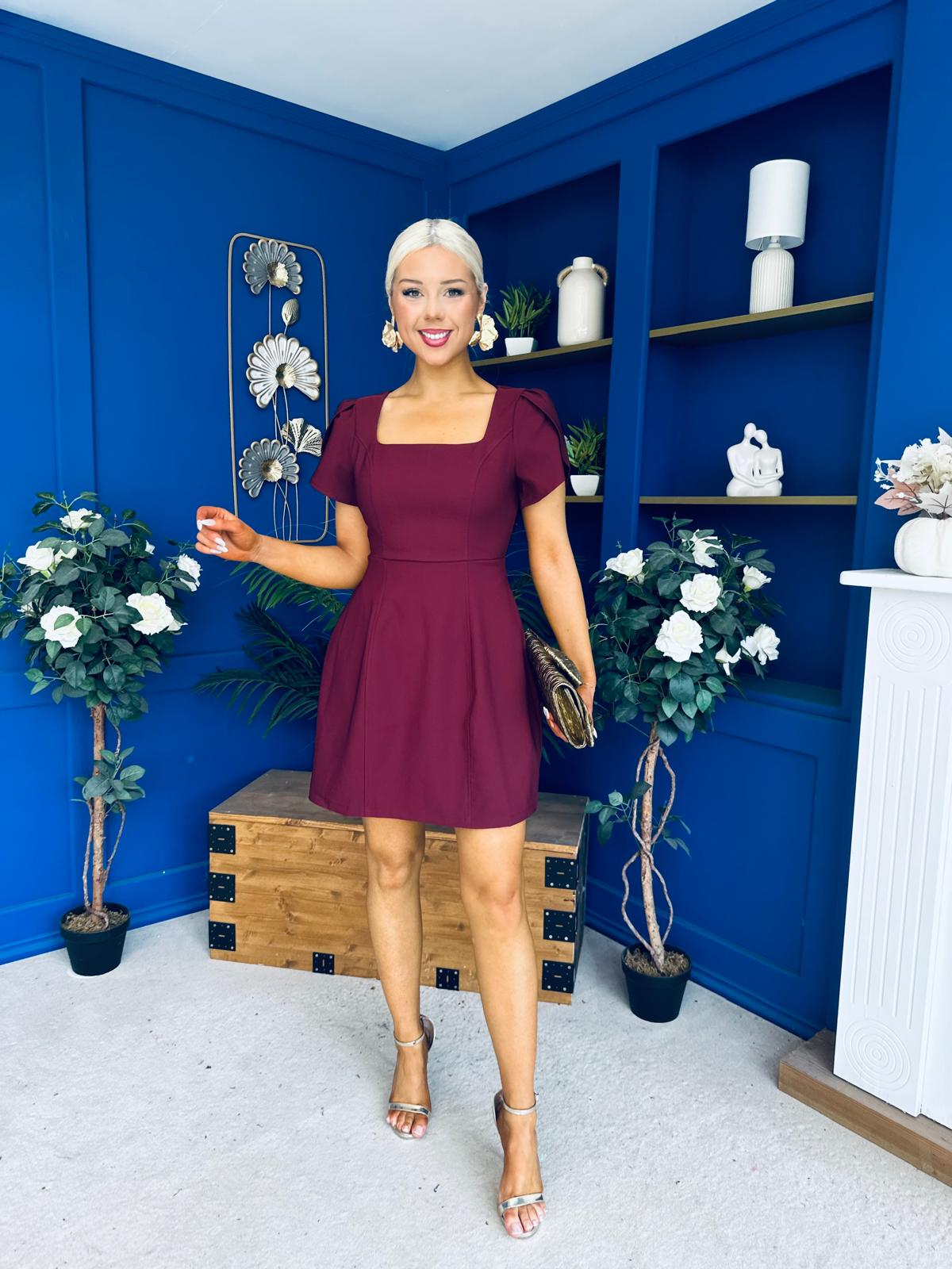 Reeve Square Neck Mini Dress Burgundy