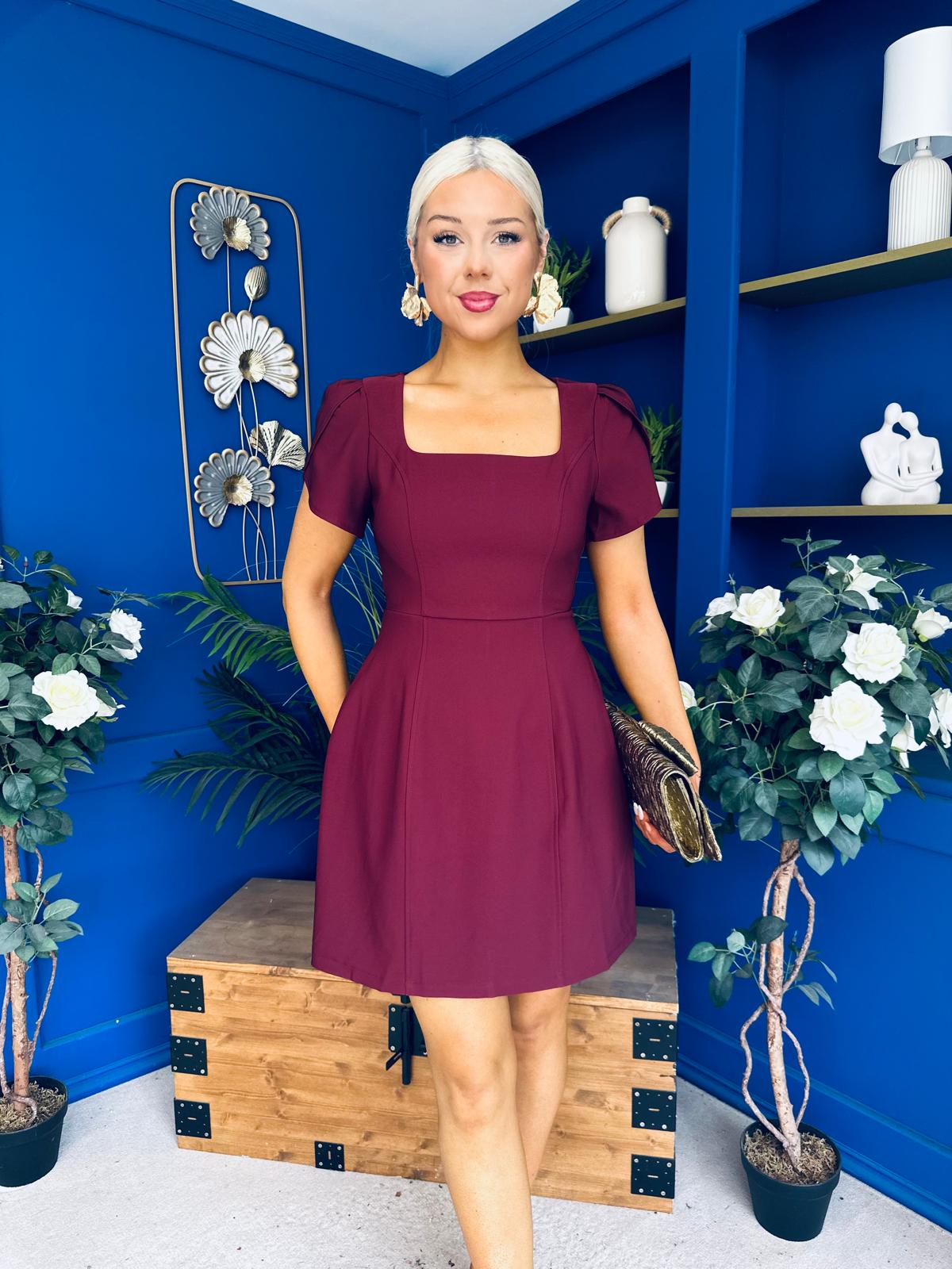 Reeve Square Neck Mini Dress Burgundy
