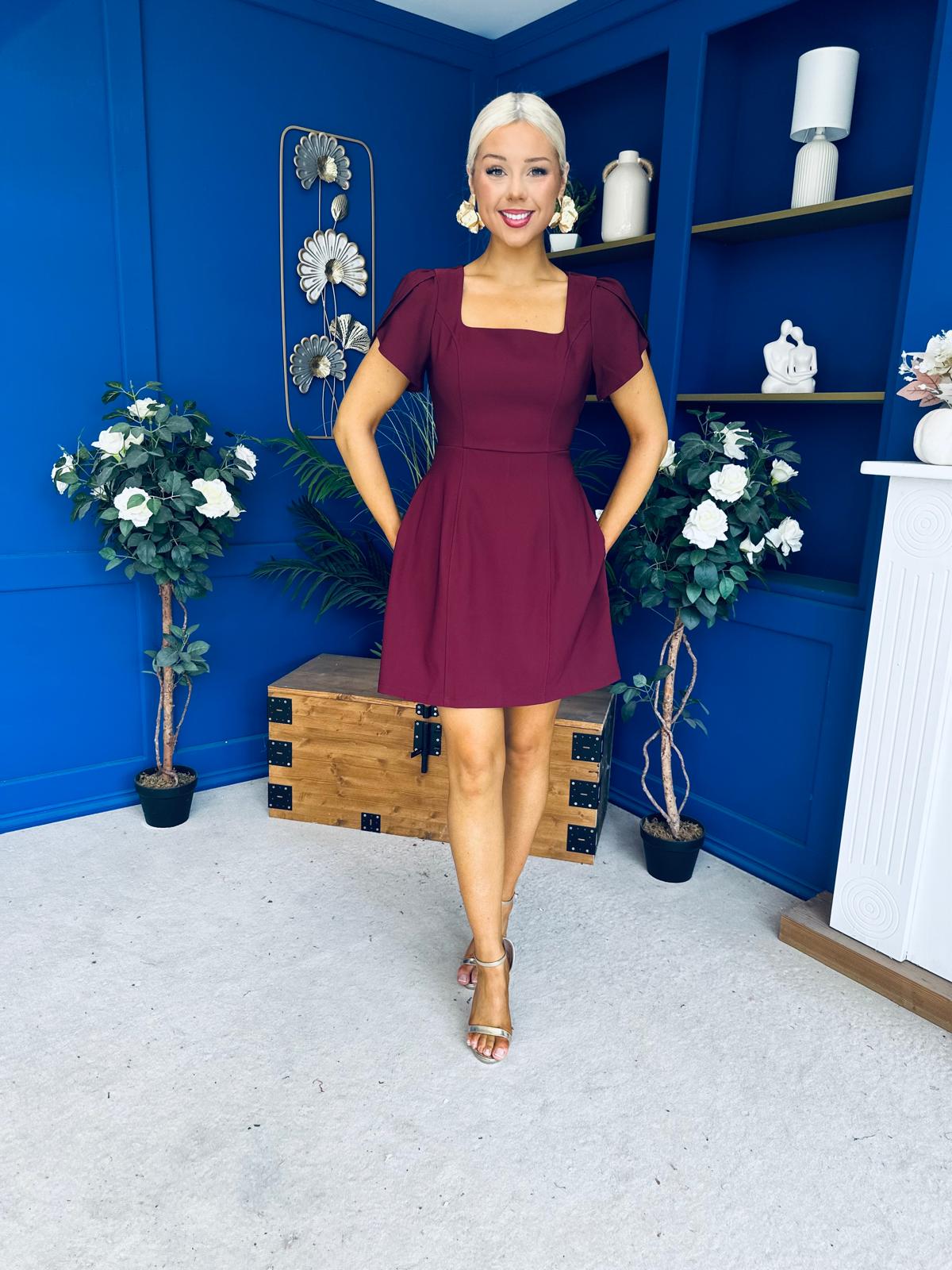 Reeve Square Neck Mini Dress Burgundy