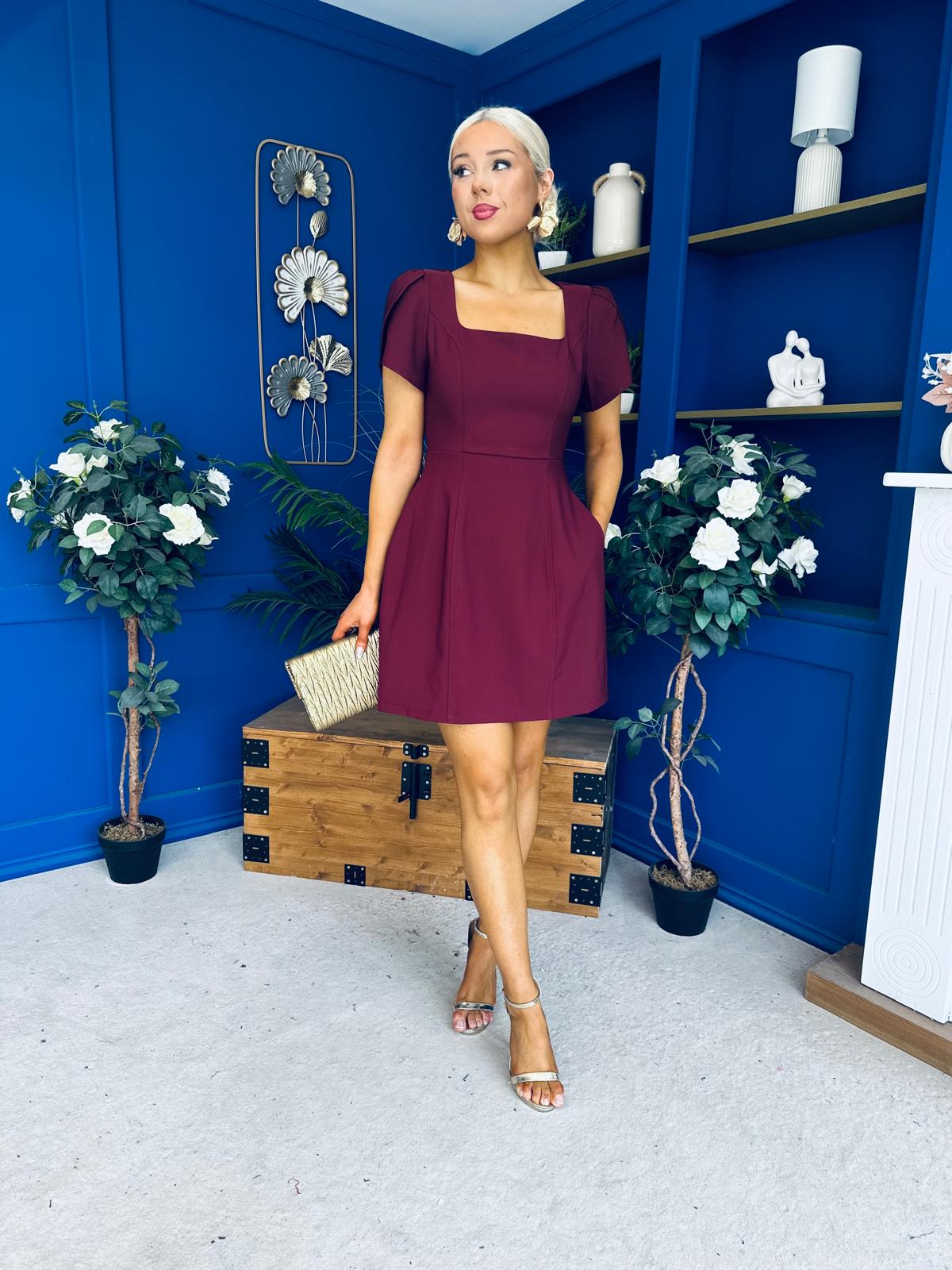 Reeve Square Neck Mini Dress Burgundy