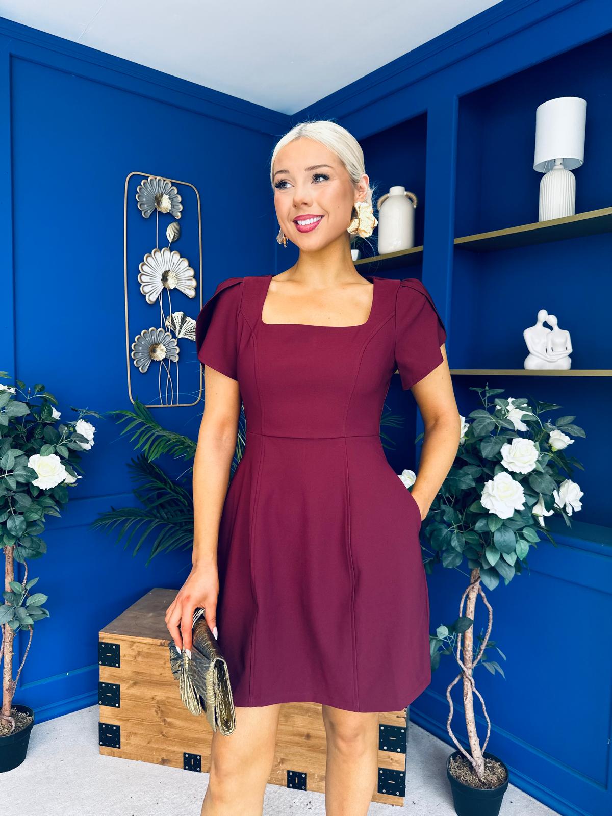Reeve Square Neck Mini Dress Burgundy