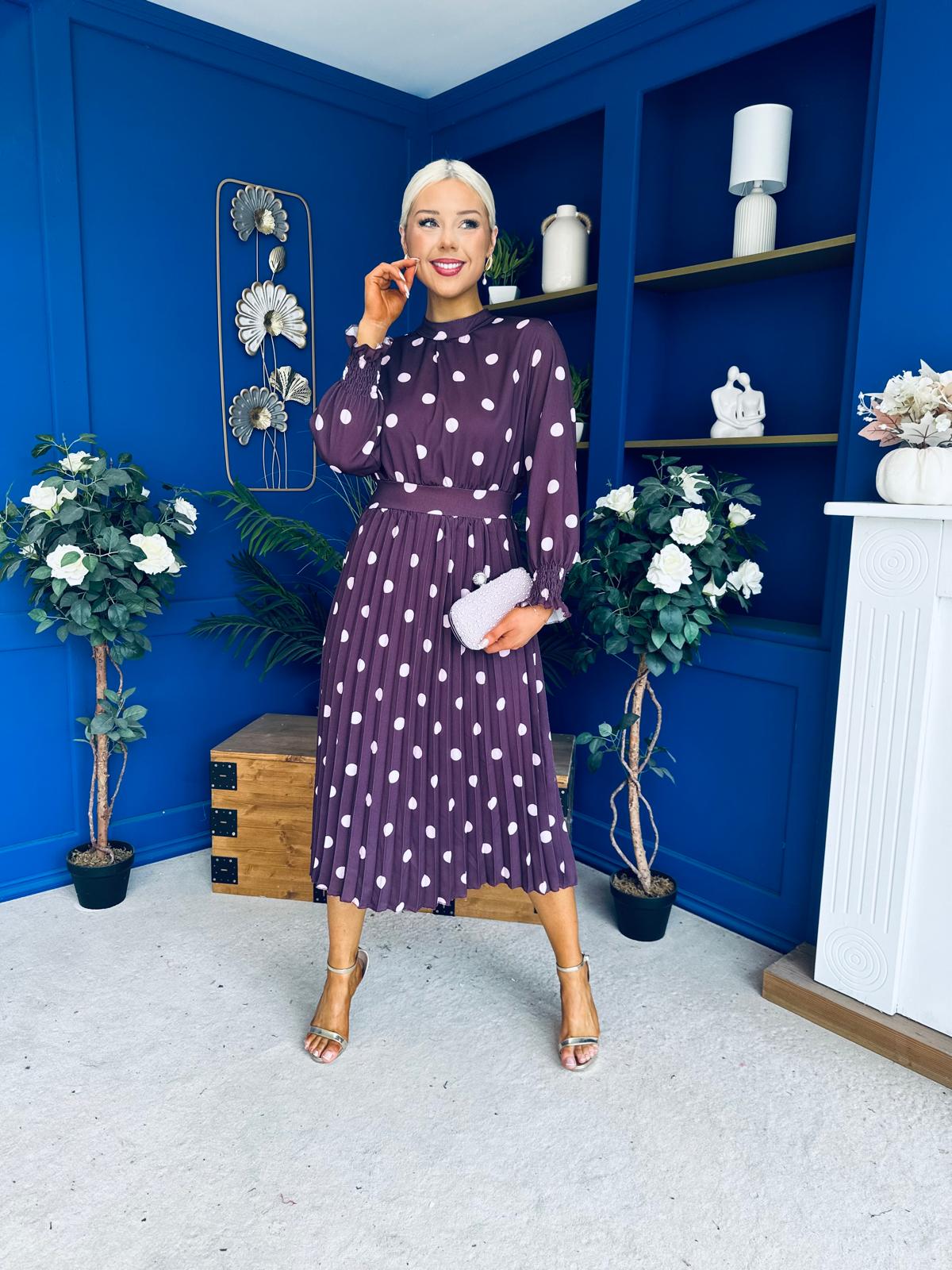 Maeve Pleated Midi Dress Polka Burgundy