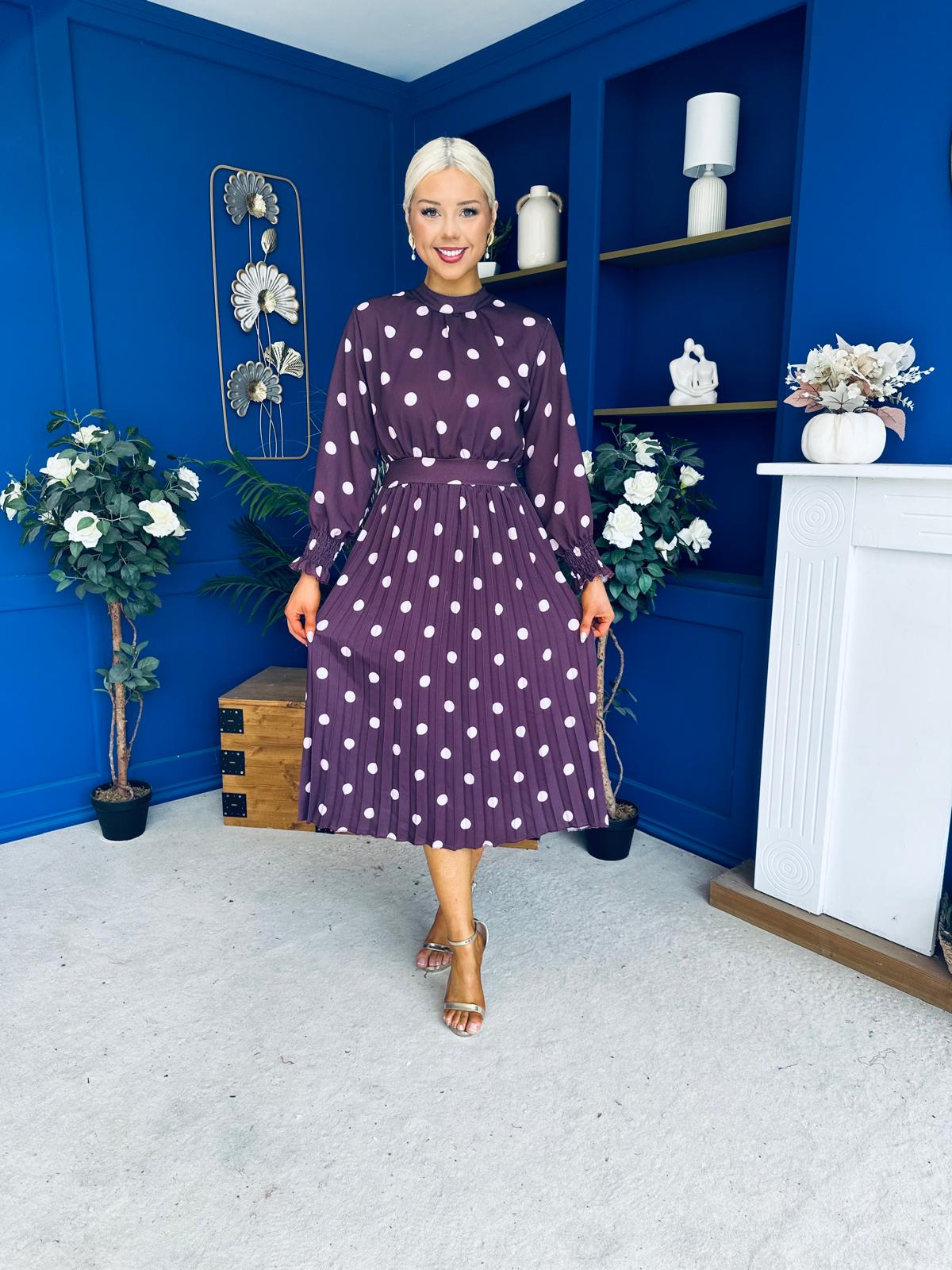 Maeve Pleated Midi Dress Polka Burgundy
