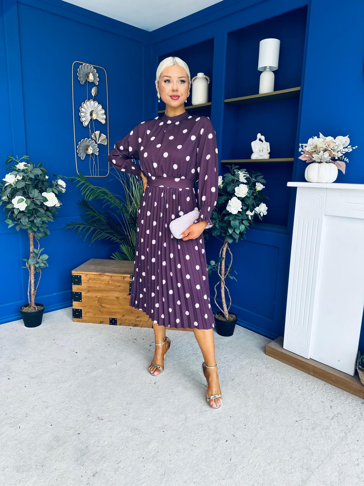 Maeve Pleated Midi Dress Polka Burgundy