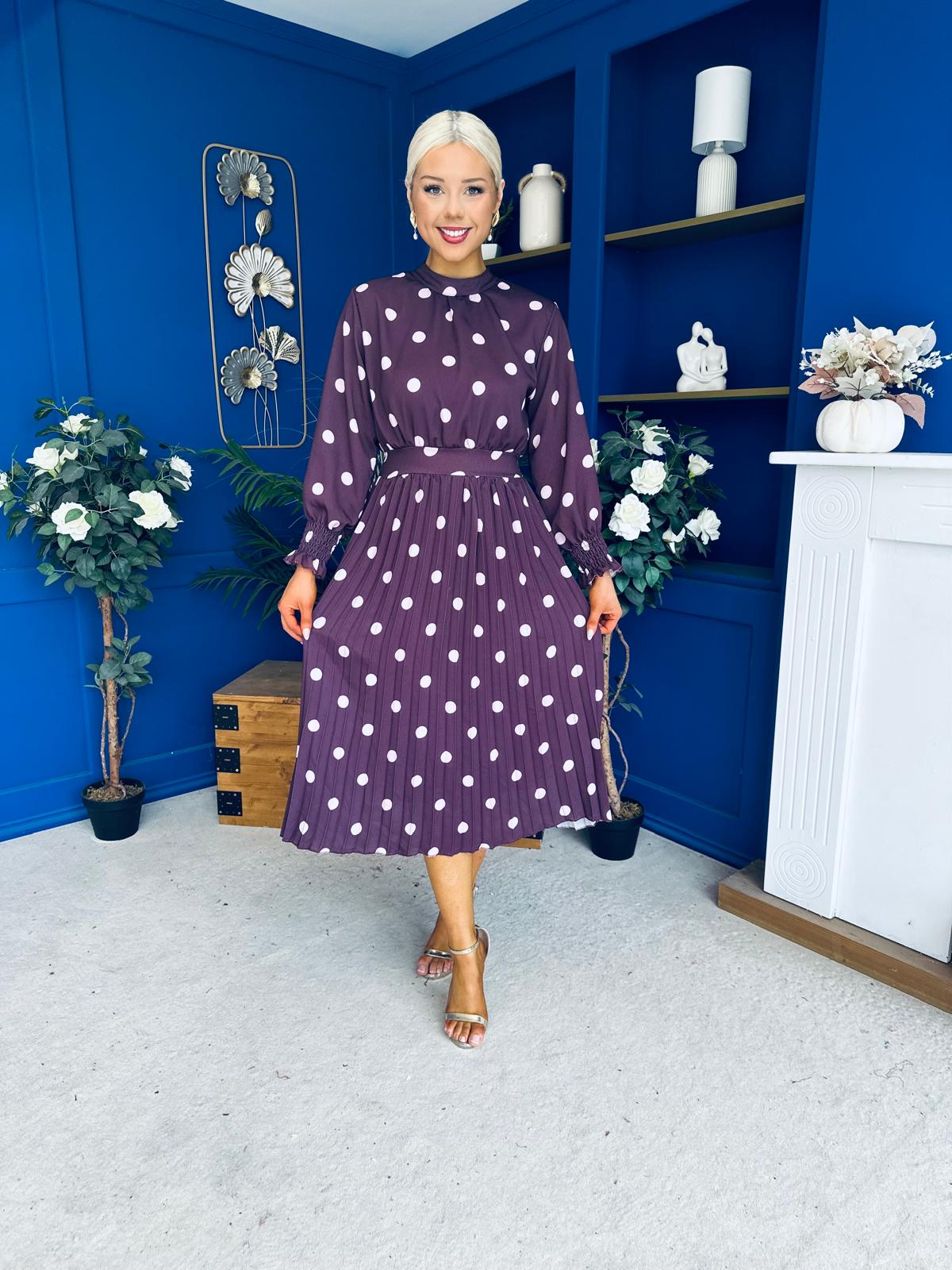 Maeve Pleated Midi Dress Polka Burgundy