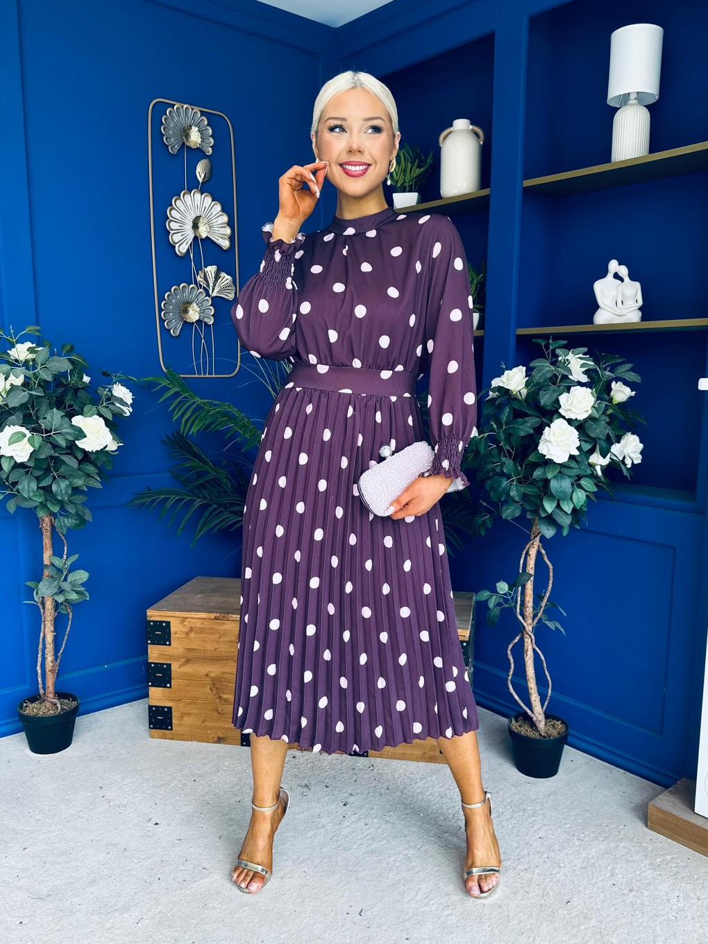 Maeve Pleated Midi Dress Polka Burgundy