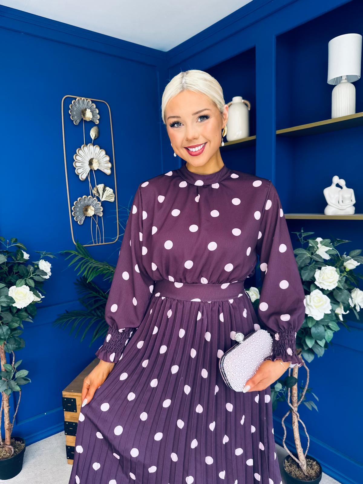 Maeve Pleated Midi Dress Polka Burgundy