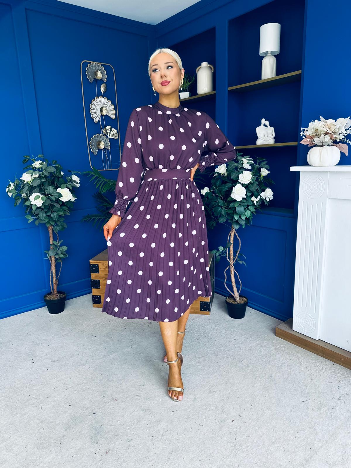 Maeve Pleated Midi Dress Polka Burgundy