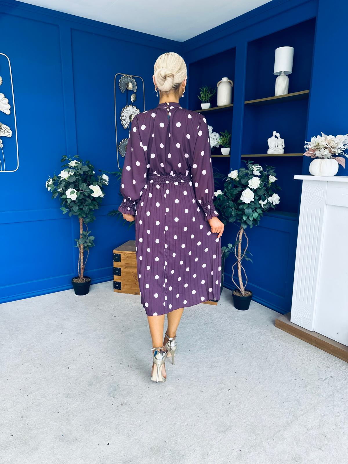 Maeve Pleated Midi Dress Polka Burgundy